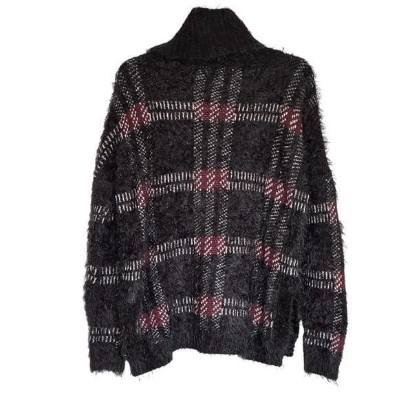 Sanctuary Women’s Fuzzy Black Red Plaid Turtleneck Sweater - Picture 2 of 4
